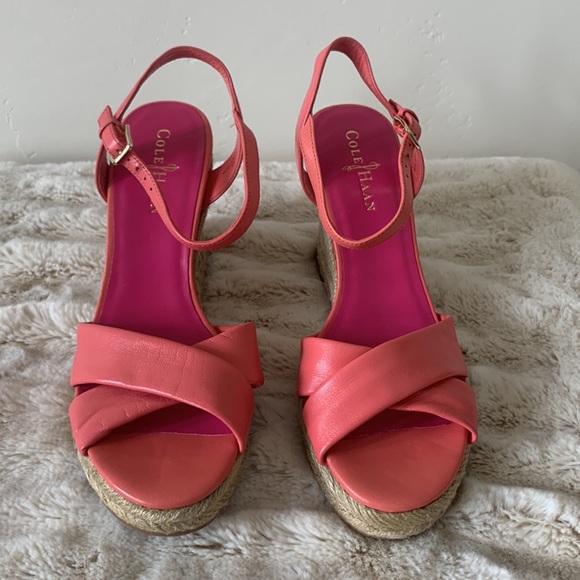 Cole Haan Wedge Sandals. NWOT Coral Pink Leather.Size 8. Espadrille 3 1/2” heel - Picture 3 of 9